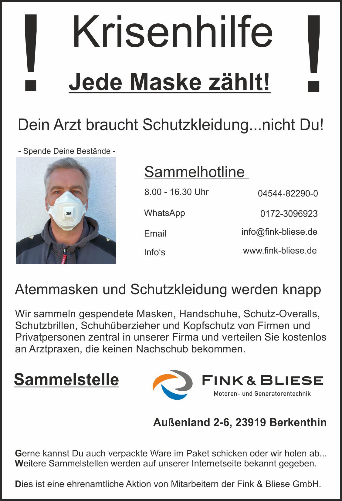 Firma Fink & Bliese Aus Berkenthin Startet Hilfsaktion „Jede Maske Zählt“